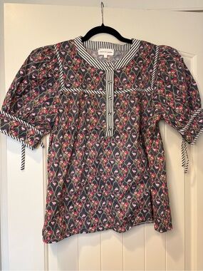 entro Black Floral Blouse with Striped Trim